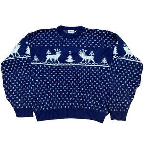 Vintage 90s Blue Fair Isle Reindeer Pattern Sweater XL
